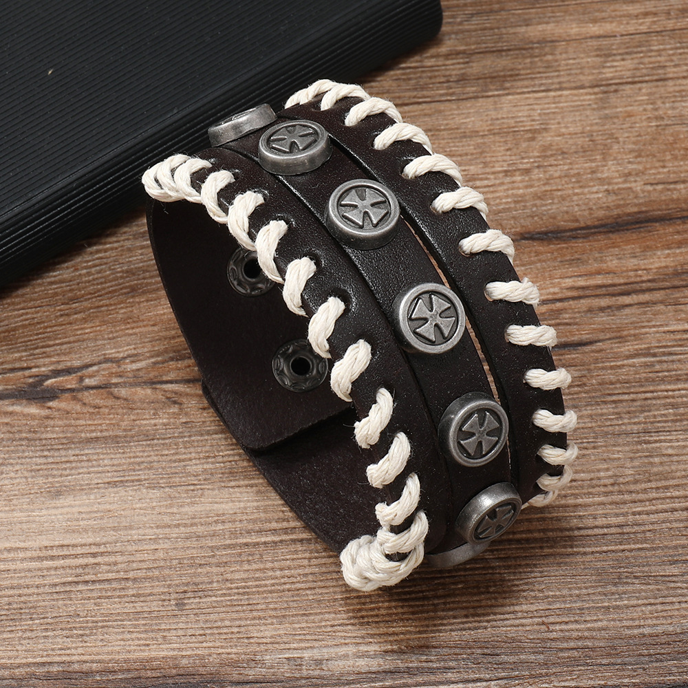 Color Block Pattern Retro Color Block Pu Leather Alloy Knitting Men's Bangle Men Cord & Leather Bracelets