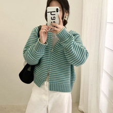 韩系双拉链条纹连帽针织开衫女装秋冬新款文艺复古风短款毛衣外套