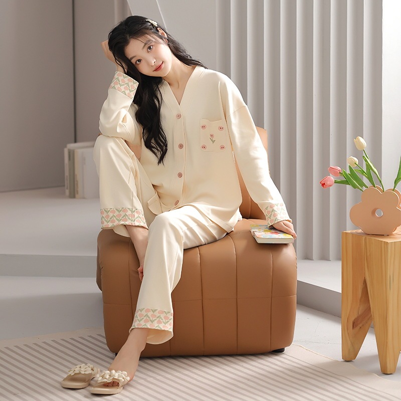 [Antibacterial Cotton] Spring and Autum French Collar Pull-Up Pure Cotton Pajamas Women's Long-Sleeved Pure Cotton Home Wear Set