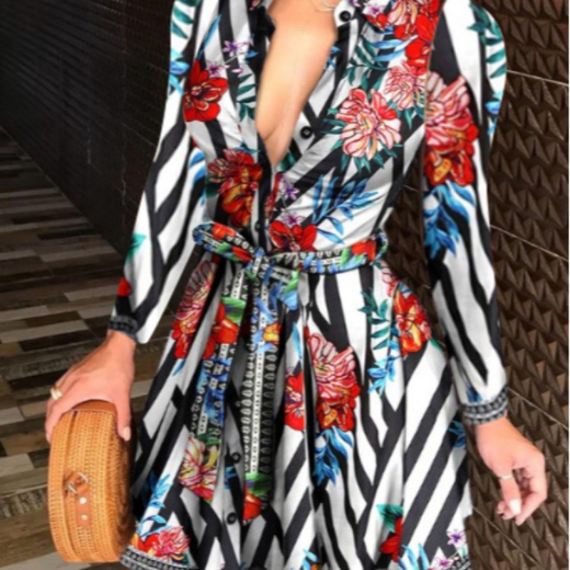 2025 New Autumn and Winter Women's European and American Cross-Border Dress Popular Long-Sleeved V Neck Strap Printed Skirt