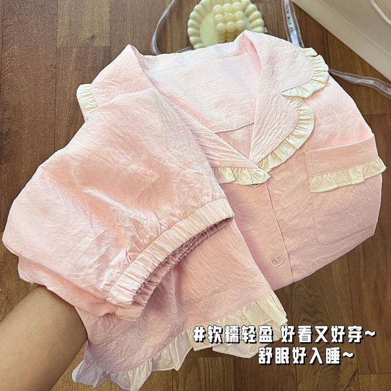 Venta al por mayor transfronteriza verano nuevo estilo nube cardigan de algodón estilo simple pantalones cortos de manga corta pijamas de encaje traje de servicio a domicilio para mujer