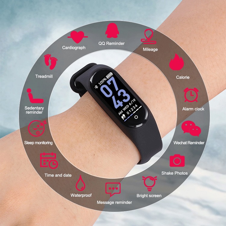 Bluetooth sports heart rate, blood oxygen, blood pressure monitor, step sleep, health monitoring, reminder, customizable, waterproof M4 smart bracelet details Picture