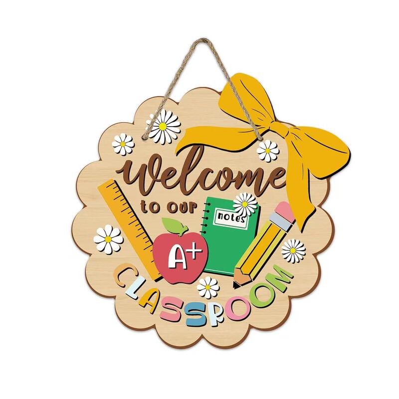Welcome to Our Classroom Front Door Sign, Back-To-School Educational Book, Apple, Pencil, Rules Wooden Hanging Sign Welcome to Our Classroom Front Door Sign, Back-To-School Educational Book, Apple, Pencil, Rules Wooden Hanging Sign