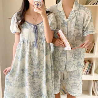 韩国ins女士夏季新款睡衣韩系水墨画撞色拼接套装柔软睡裙家居服