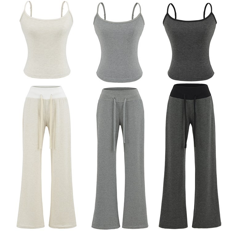 Striped Knitted Suspender Trousers Suit Women's Summer Waist Tight Top Drawstring Loose Straight Drape Floor-Length Trousers