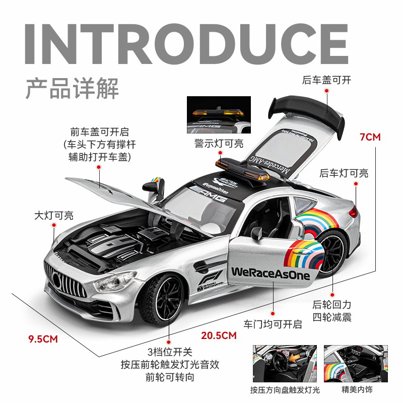 Modelo de coche de seguridad Mercedes F1 a escala 1:24, de aleación, con sonido y luz, juguete de retroceso para niños, regalo de Navidad, mercancía cultural de Mercedes.
