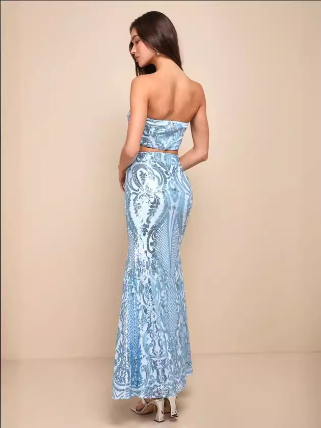Conjunto de dos piezas de vestido sin tirantes con lentejuelas azul claro brillante y encantador, éxito de ventas transfronterizo en Europa y América (2 colores).
