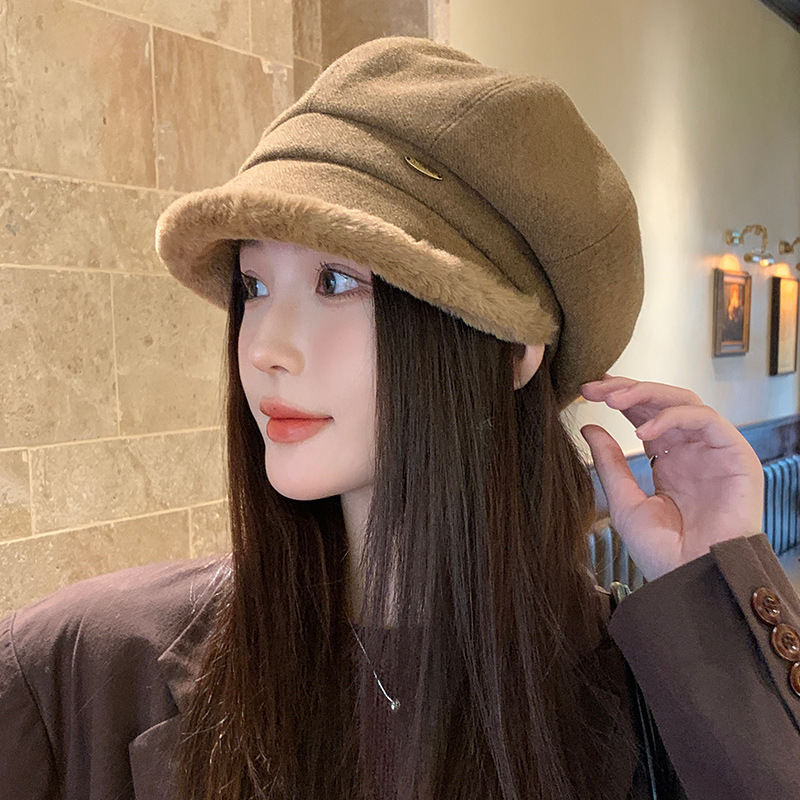 韩版时尚渔夫帽子女秋冬新款显脸小百搭盆帽加绒保暖护耳八角帽潮|undefined