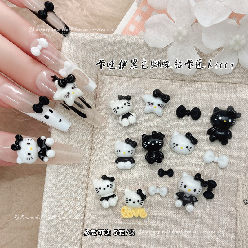 Black and White Kitty Cat Nail Art Accessories Internet Celebrity Explosions Cute Cartoon Kitty Cat Bow Nail Diamond Accessories