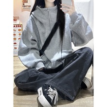 美式复古分割线条连帽卫衣女2025新款秋冬高级感宽松休闲灰色外套