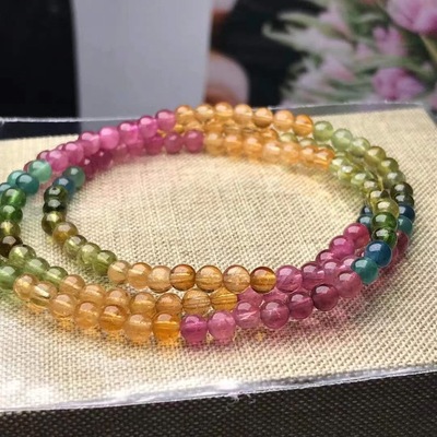 可塘珠宝厂家批发 碧玺三圈手链 晶体通透 彩虹配色品质好 电气石|ms