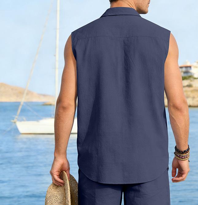 Chaleco de lino sin mangas para hombre estilo casual verano_voghion.com