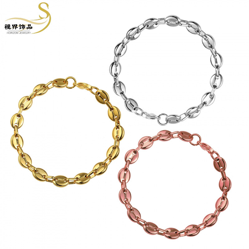 Hip Hop Men's Stainless Steel Pig Nose Simple Luxury Ins Coffee Bean Bracelet Jewelry_voghion.com