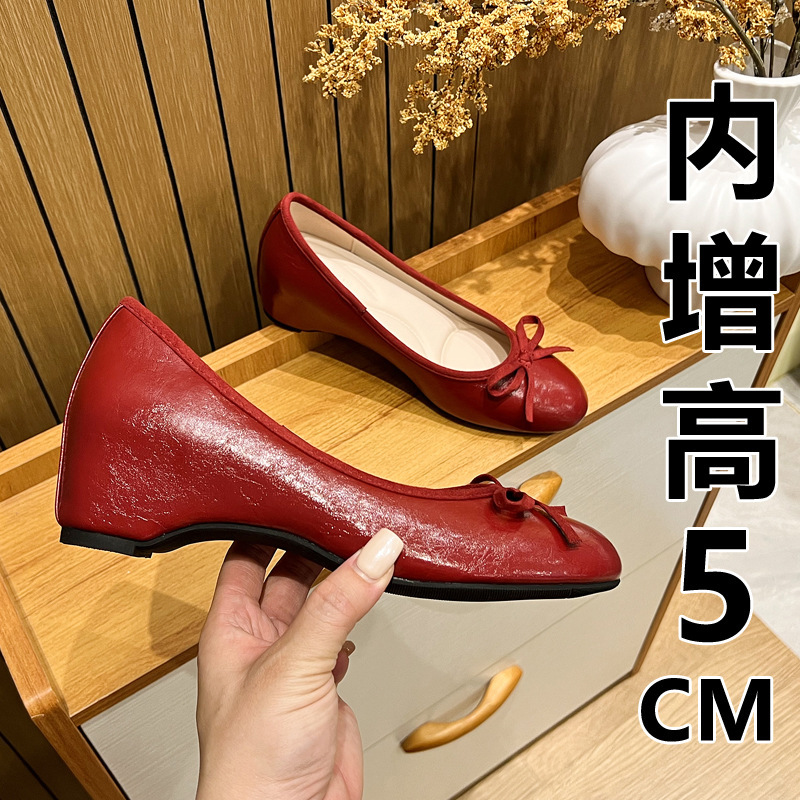 In-stock version~French-style elegant bowknot height-increasing women's shoes, shallow round toe, soft sole, ballet style, red women's shoes In-stock version~French-style elegant bowknot height-increasing women's shoes, shallow round toe, soft sole, ballet style, red women's shoes