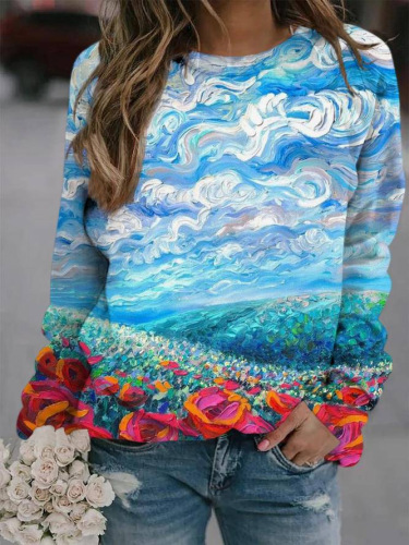 Autumn new 3D flower-and-bird printed urban casual round-collar pullover shoulder sweater