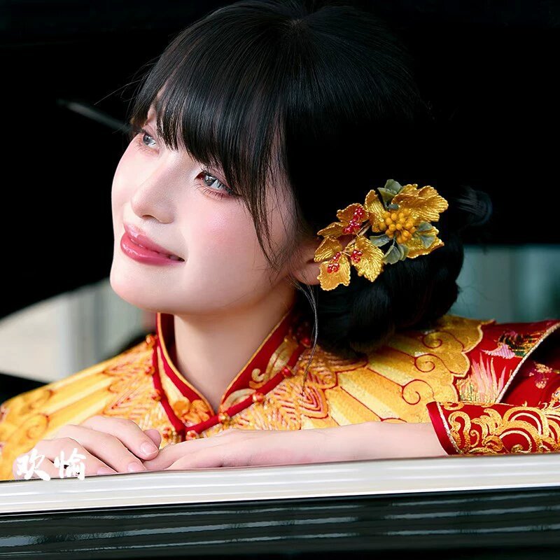 繁花似金中式秀禾头饰龙凤褂重工金色花朵配饰手作新娘饰品发饰