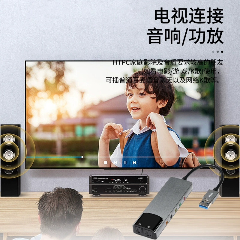 Внешняя USB звуковая карта, волоконно-оптическая (TOSLINK), 5.1 канал, plug‑and‑play, черная или серебристая