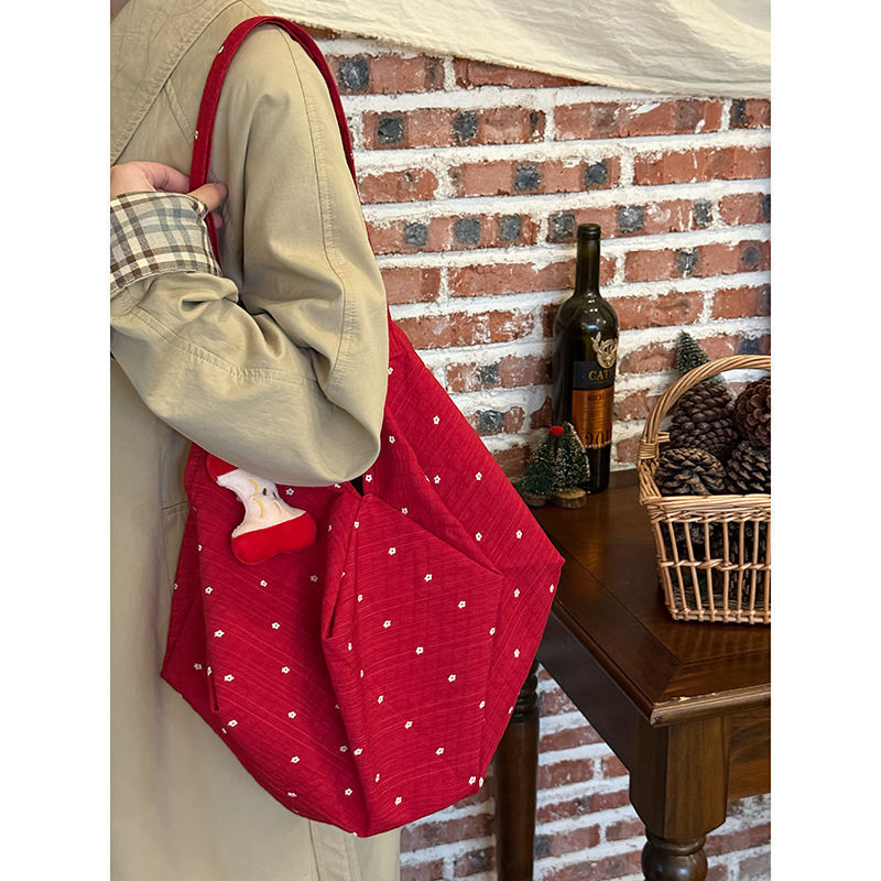 Korean Floral Polka Dot Red Envelope Canvas Bag 2025 New Large Capacity Satchel Tote Bag Lazy Style Shoulder Bag
