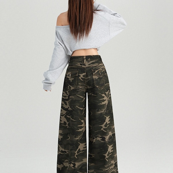 Pantalones casuales de pierna ancha de cintura alta de camuflaje retro americano para hombres y mujeres en la primavera y el verano de 2025