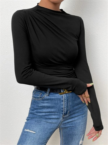 Cross-border 2024 European and American Solid-Color Slim-Fit Base Shirt—All-Match Pleated Design Long-Sleeve T-Shirt for Women