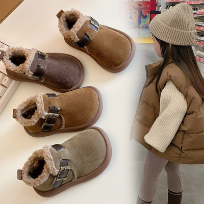 Детские зимние ботинки 2025, зимние новые стильные туфли Birkenstock для девочек, а также бархатные утолщенные большие хлопковые туфли, теплые модные хлопковые туфли для мальчиков