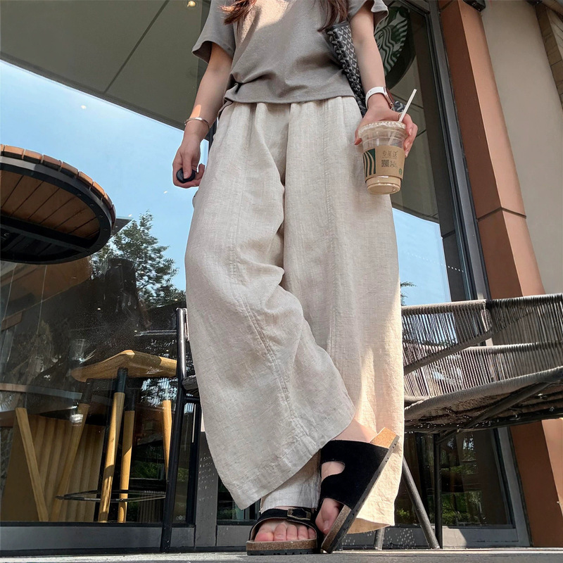 Tencel Linen Wide-Leg Pants for Women, Summer Thin High-Waisted Slimming Relaxed Fit Petite Casual Straight Nine-Point Pants