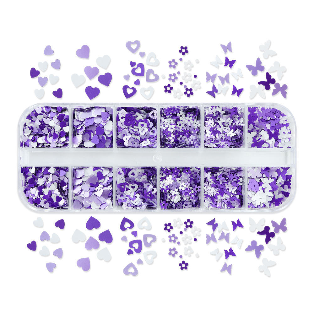 Día de San Valentín 12 cuadros en caja perlado amor accesorios de uñas rosa mariposa blanca flor uñas lentejuelas decoración de colores