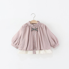 2025年秋季新款下摆花边蝴蝶结风衣外套  女童韩版泡泡袖风衣外套