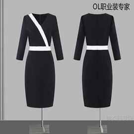 职业装连衣裙拼接早春女神范修身OL前台工作服正装批发