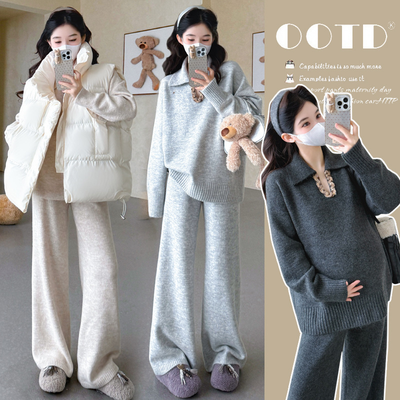 High-Quality Maternity Wear Winter New Fashion Thickeneded Lapel Woven Pullover Sweater Wide-Leg Pants Slimming Look Two-Piece Set