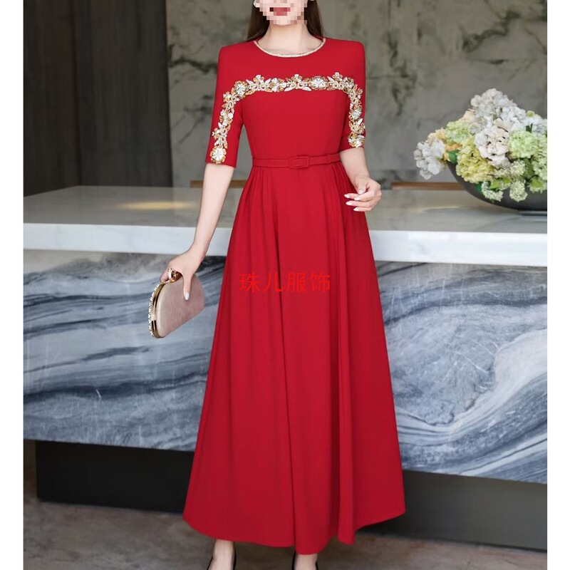 Embroidered Slim Dress for Women, Waist-Cinching Evening Dress, Large Hem, Three-Dimensional Temperament Dress, Dignified Beaded Long Dress, Light Luxury