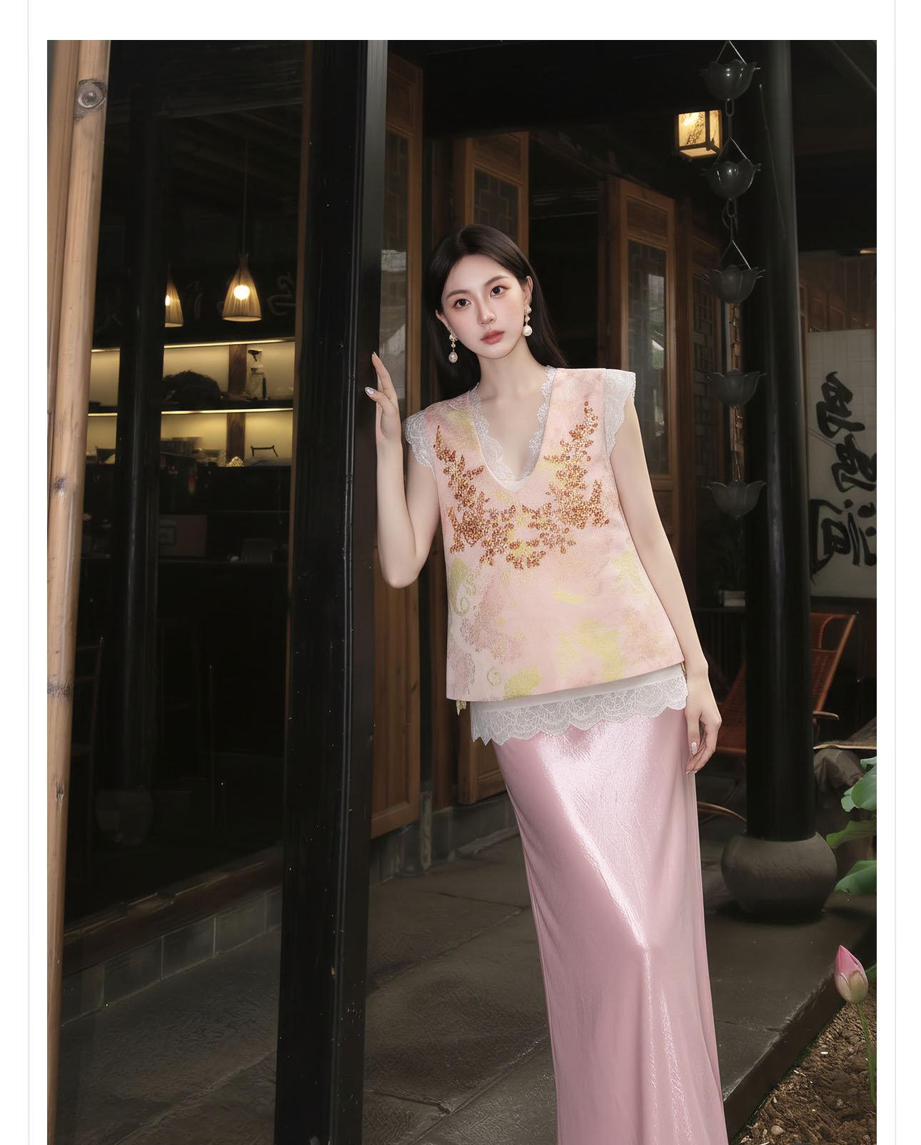 Bộ áo gi lê ngắn không tay + váy ren dây mảnh phong cách tân cổ điển họa tiết thêu hạt — Gạo trắng Sling, Bộ ba mảnh, Áo gi lê màu hồng, màu hồng nửa váy chi tiết 3