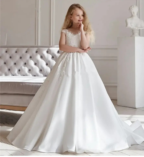 Weißes Spitzenkleid für Kinder, Hochzeitskleid für kleine Blumenmädchen, neues Partykleid 2026_voghion.com