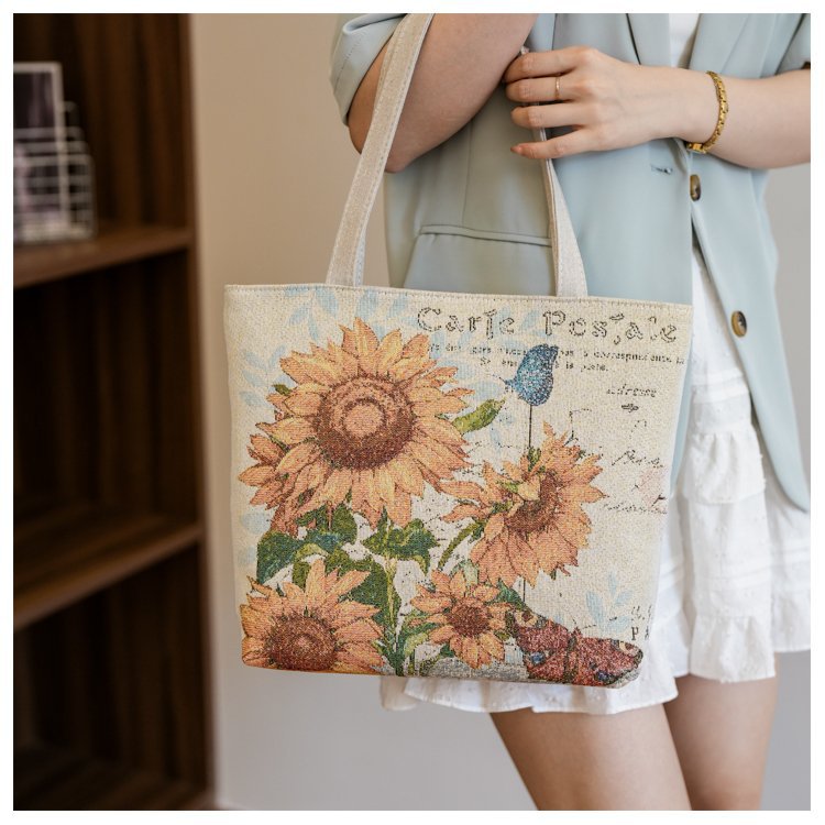 Double sided gold wire jacquard embroidered canvas student tutoring shoulder large capacity mommy bag, artistic style_voghion.com