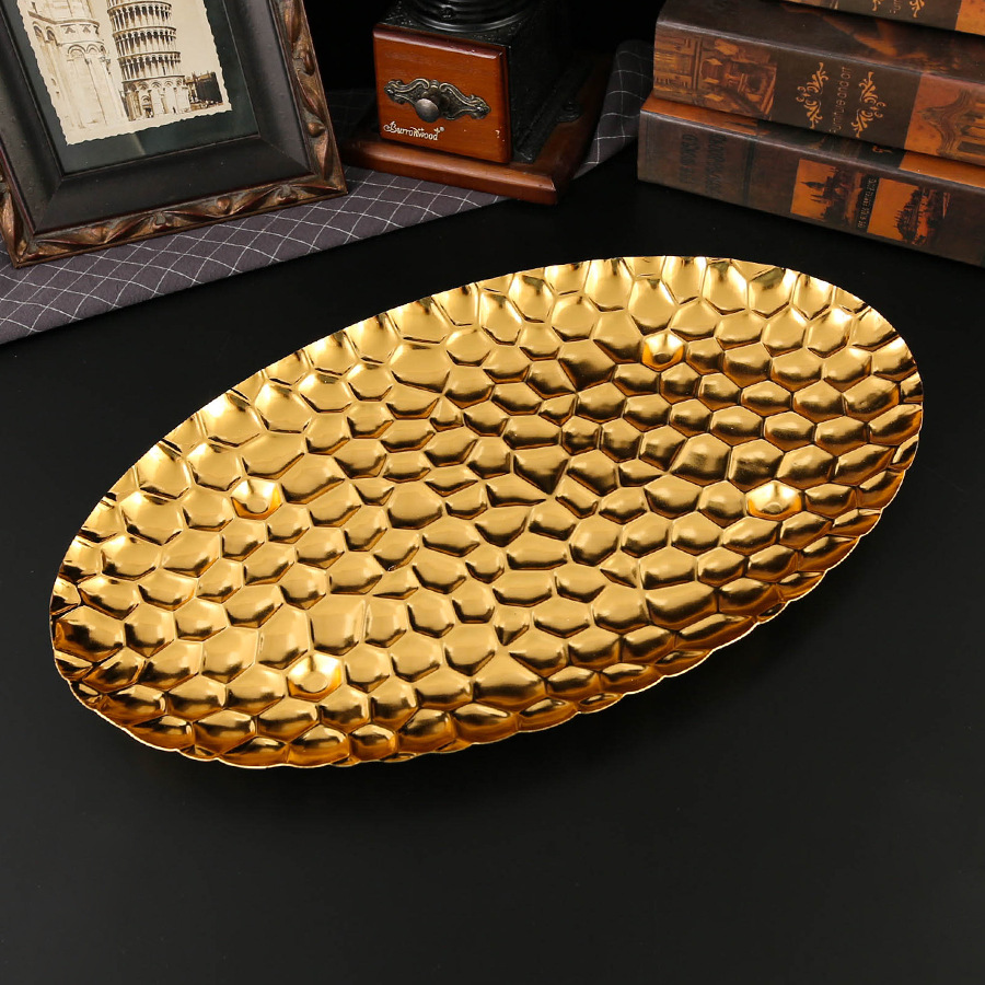 新中式创意蜂窝金属果盘现代简约欧式轻奢铁艺摆件样板房创意托盘