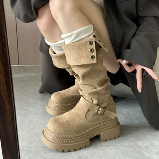 西部牛仔不过膝高筒骑士靴女2026新款秋冬季厚底增高绒面长筒靴子