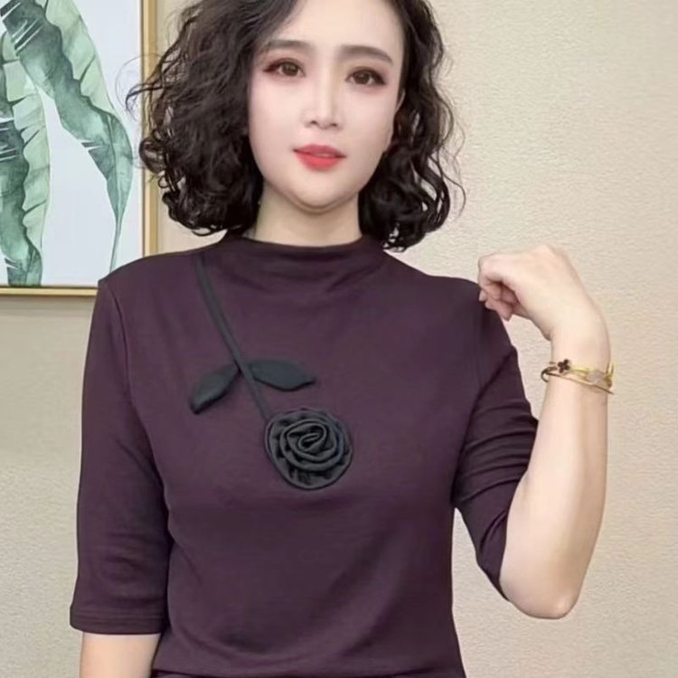 一件代发直播爆款半高领打底衫2025秋季新款中袖T恤女五分袖上衣|undefined