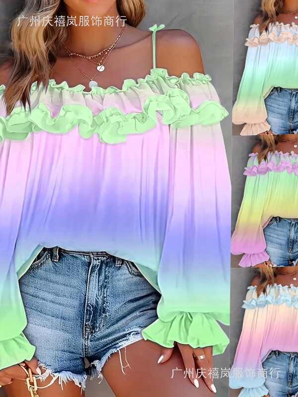 2026 Summer New European and American Cross-Border Foreign Trade Style Off-Shoulder Color-Blocking Gradient Lace-Up Plus-Size Top