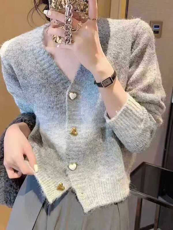 Tie-Dye Gradient Sweater Knitted Cardigan Women's Autumn and Winter New Sweet V-Neck Design Mohair Outer Top