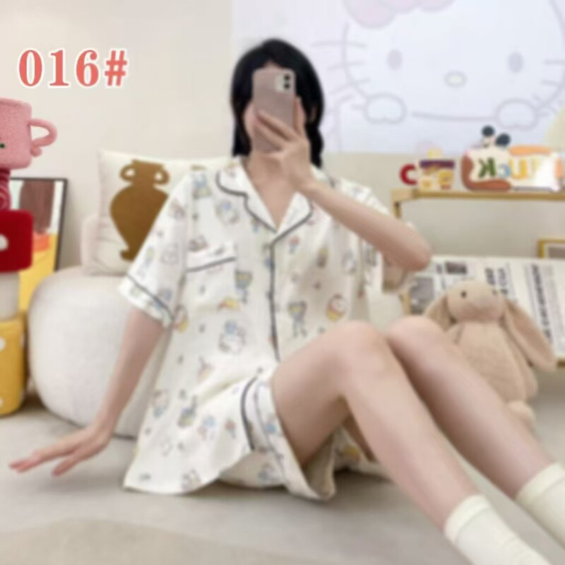 クラウドコットンパジャマ女性の夏の半袖ショーツカーディガンラペルルーズ外国貿易ライブブロードキャストルーズクロスボーダーホーム服|undefined