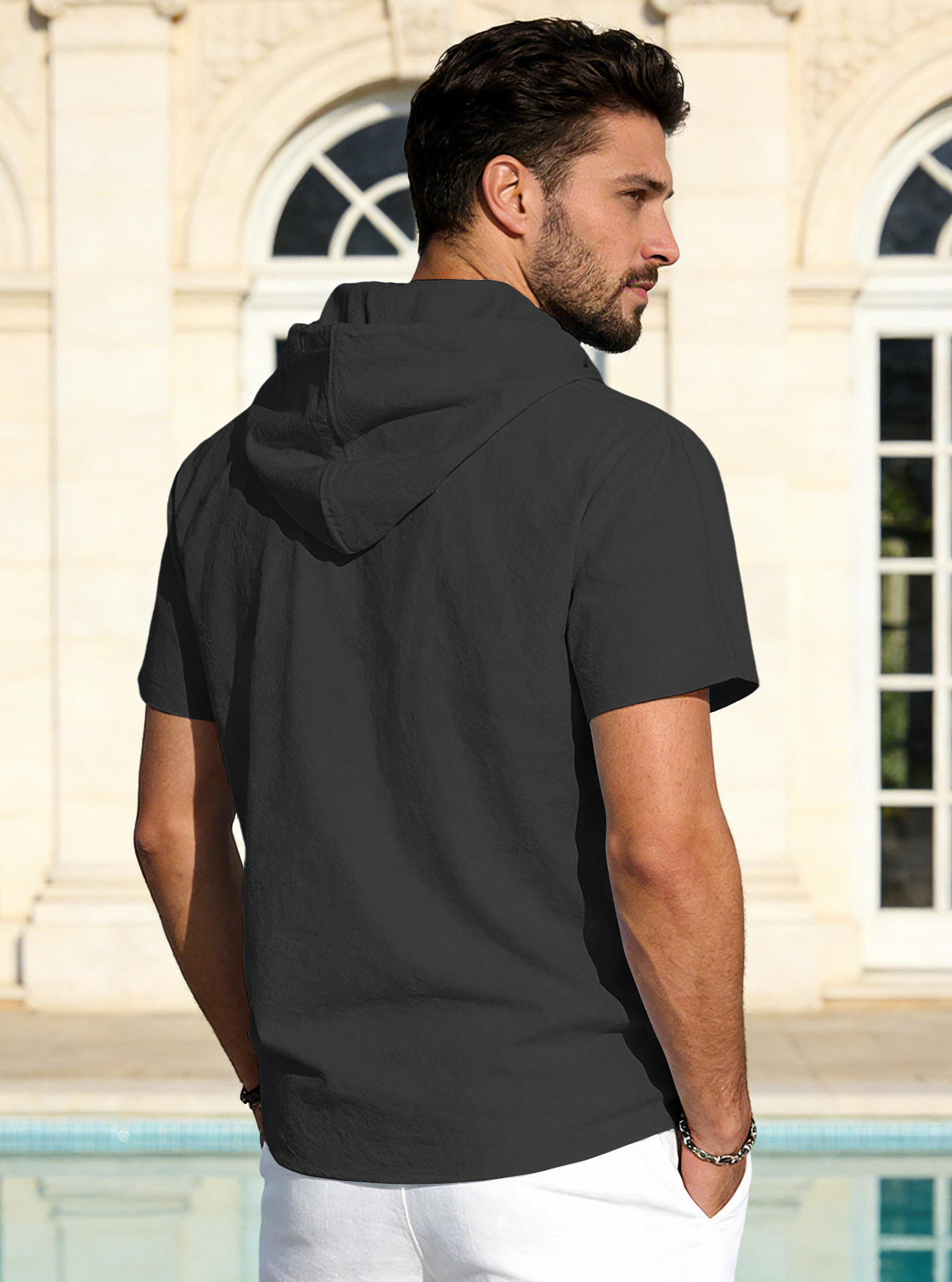 T-shirt con cappuccio in lino da uomo a maniche corte spiaggia_voghion.com