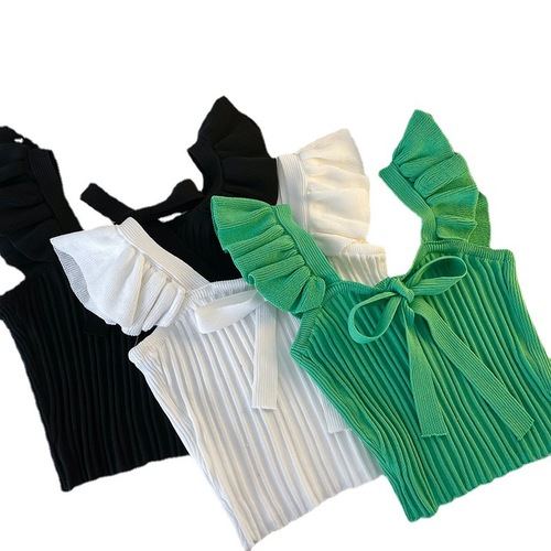 Southeast Asian knitted camisole women's Xiamu ear-shaped sleeveless candy top with bow tie on the outside