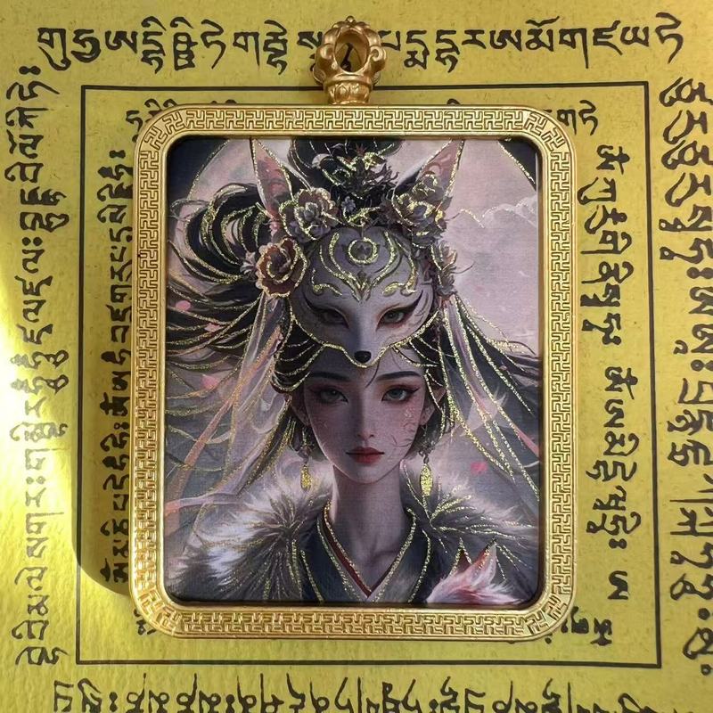 タンカ チベット手描き金塗装粗鉱石絵画コア国民トレンドペンダント九尾キツネ ザキラム ビッグブラックデーツ|undefined