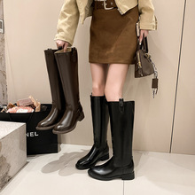 2025新款时尚女靴高筒简约皮鞋不过膝长靴圆头粗跟骑士靴皮靴批发
