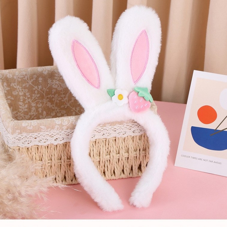 Nueva Diadema de Orejas de Conejo con Flores de Fresa, Linda Diadema de Felpa de Dibujos Animados, Diadema Dulce de Celebridad de Internet, Pinza para el Cabello para Lavarse la Cara image 3