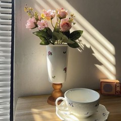法式 复古碎花花瓶 木质高脚杯 花瓶杯 插花高脚杯 家居摆件花瓶