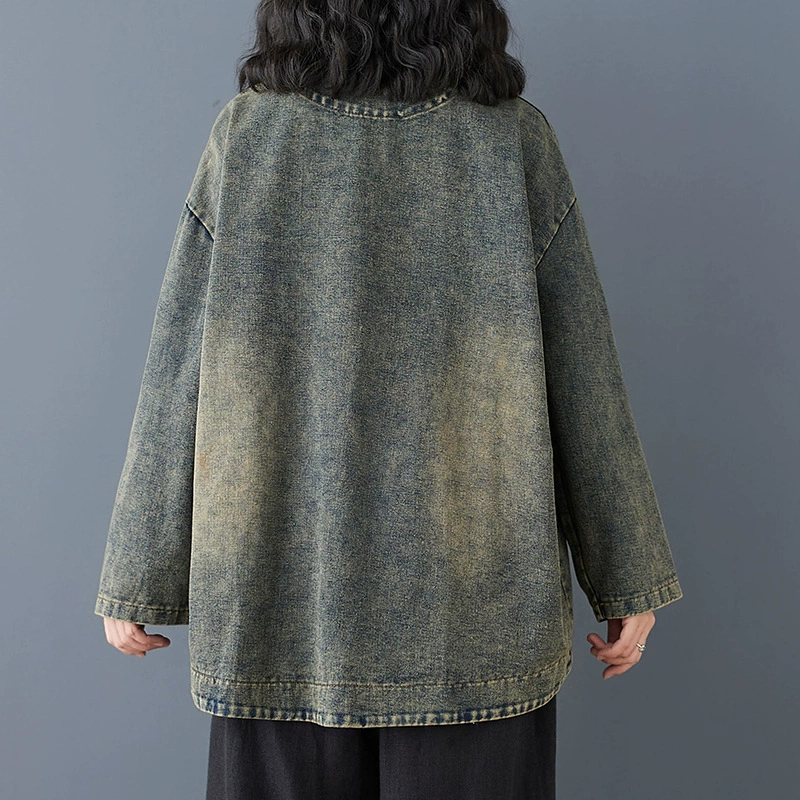Denim spring jacket for leisure, V-neckline, plus size