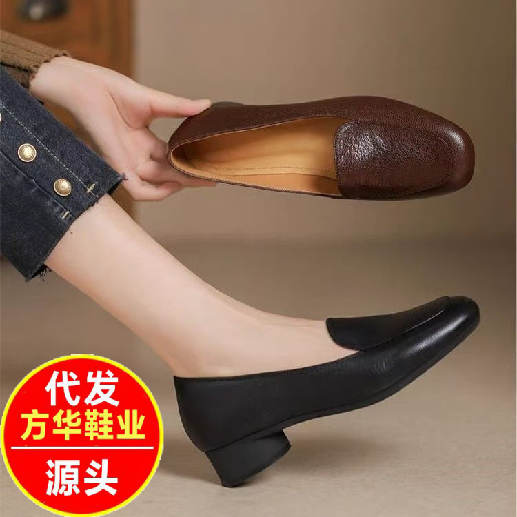 2026 primavera y otoño nuevos zapatos de tacón bajo superficial retrógrado francés nuevos zapatos Lefour zapatos de mujer de tacón grueso un pedazo pequeño zapatos de cuero