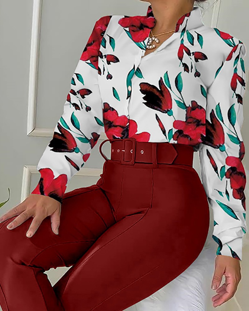 Stand-Up Collar Print Shirt & Wide-Leg Pants 2 Piece Set NSXPF103329