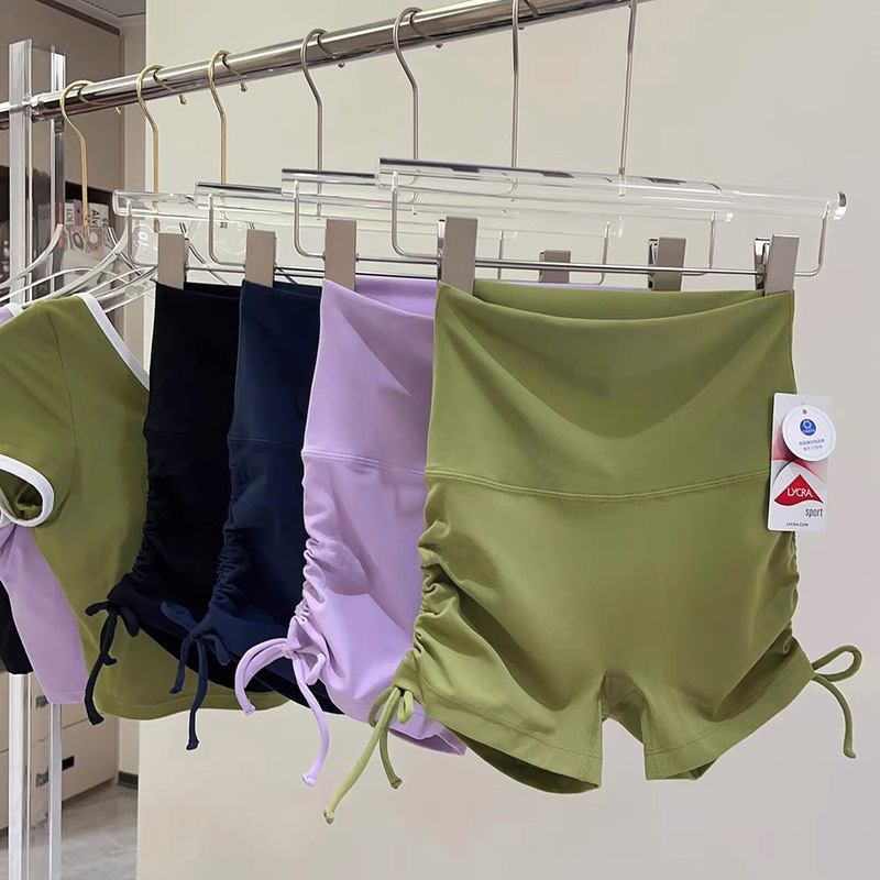 NUF Lycra Naked Yoga Shorts Pleated Drawstring Fitness Shorts No Embarrassment Line Sports Cycling Peach Shorts